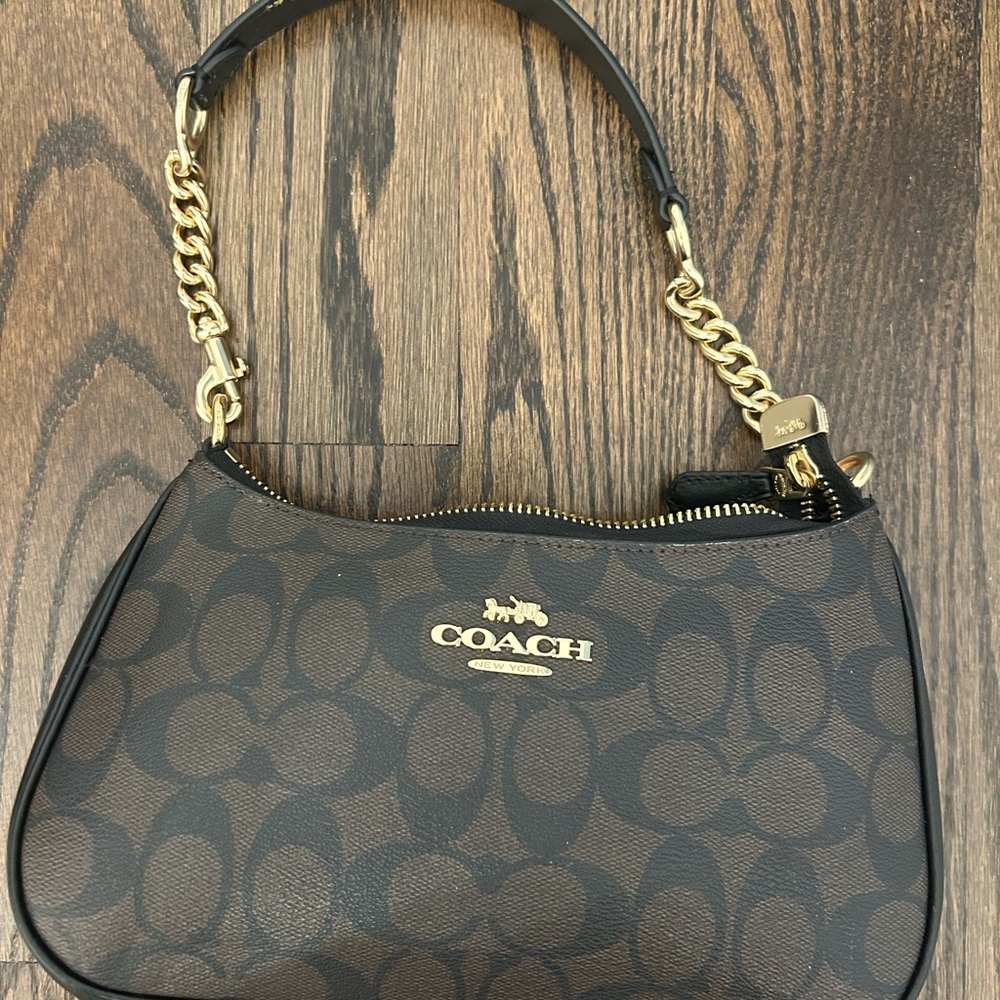 Coach Brown and Gold Shoulder Bag with Signature Monogram